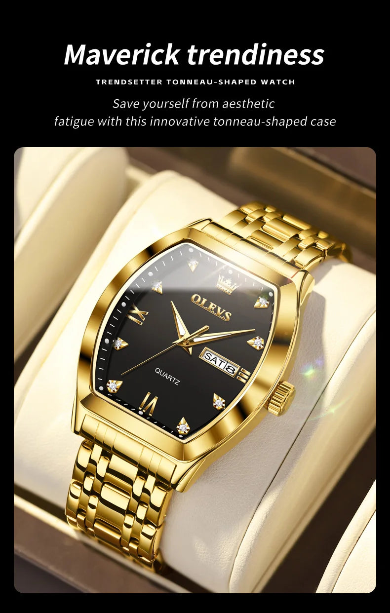 OLEVS Men's Watches Luxury Tonneau Original Top Brand Quartz Watch for Men Waterproof Luminous Week Date Male Wristwatch