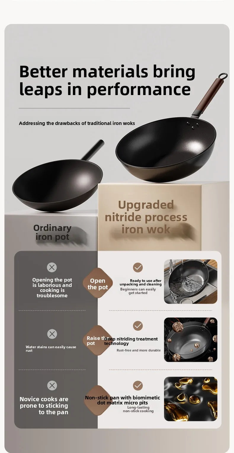 Iron pot without coating, flat bottomed pot already cooked, household induction cooker, gas stove, universal non stick pot