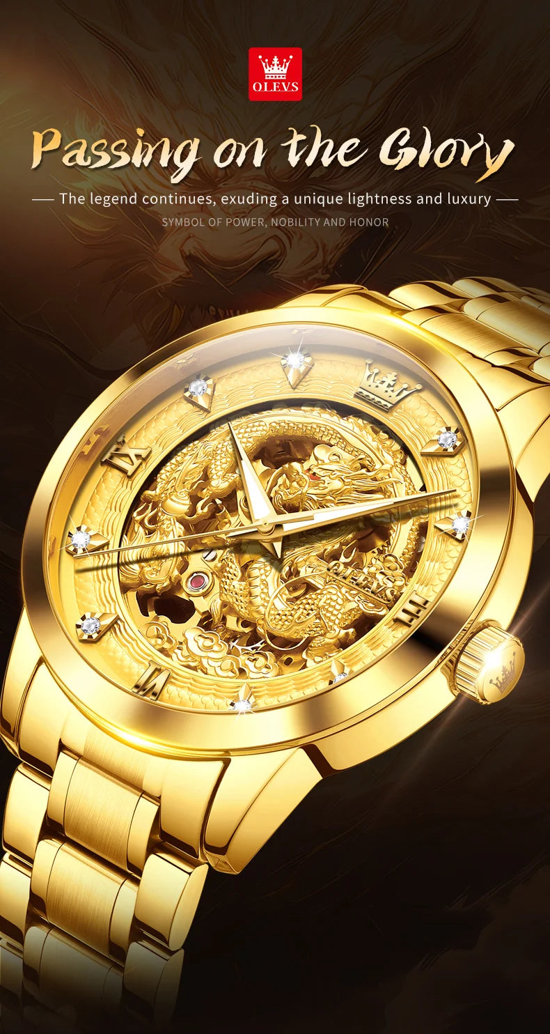 OLEVS Japan Automatic Mechanical Men's Watches High-end Luxury Brand Original Stainless Steel Hollowed Dragon Watch for Men 7027