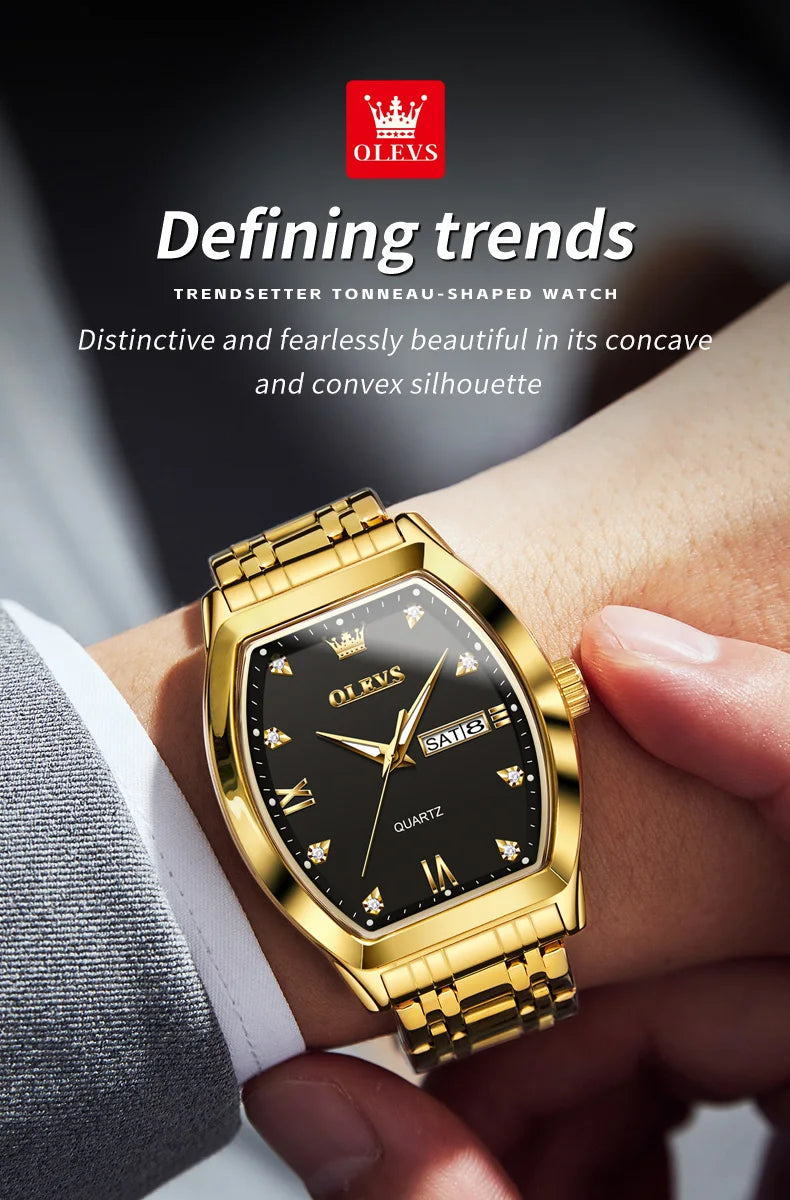 OLEVS Men's Watches Luxury Tonneau Original Top Brand Quartz Watch for Men Waterproof Luminous Week Date Male Wristwatch