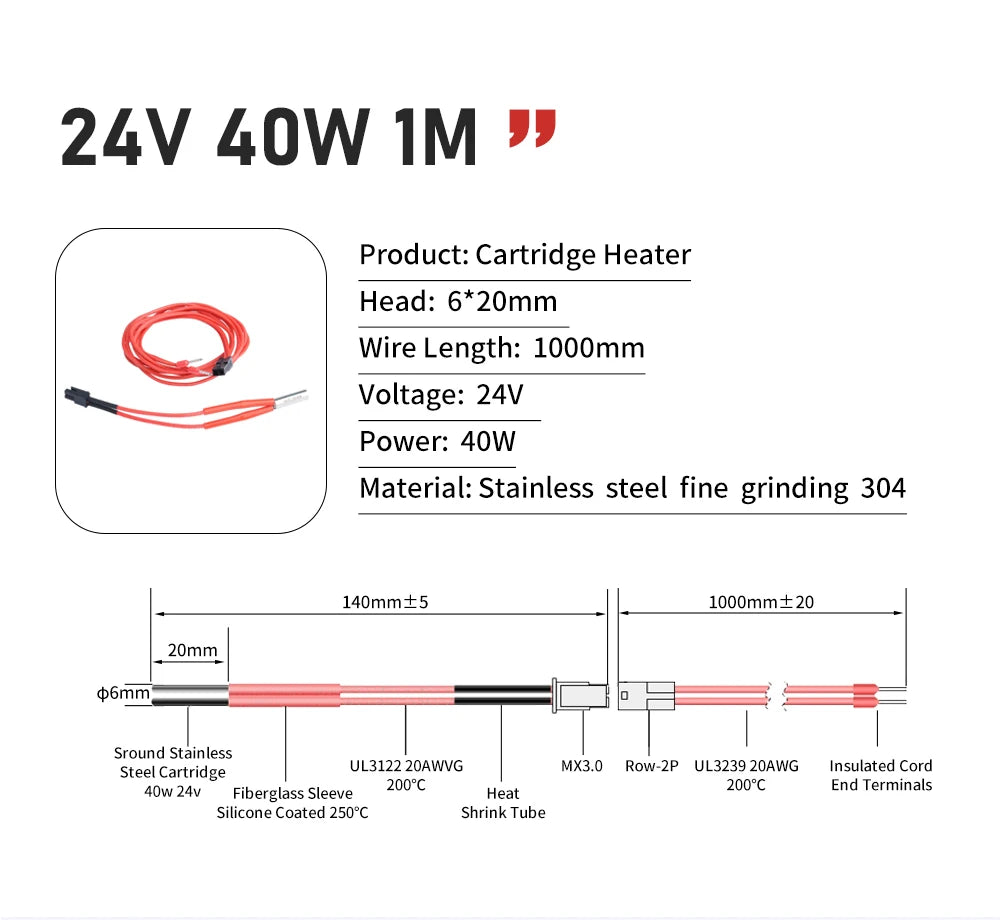Trianglelab 3D Printer 6*20MM 12V/24V 40W Heater Cartridge With 100CM cable For 3D Printer for PT100 HOTEND Volcano MK8 MK9