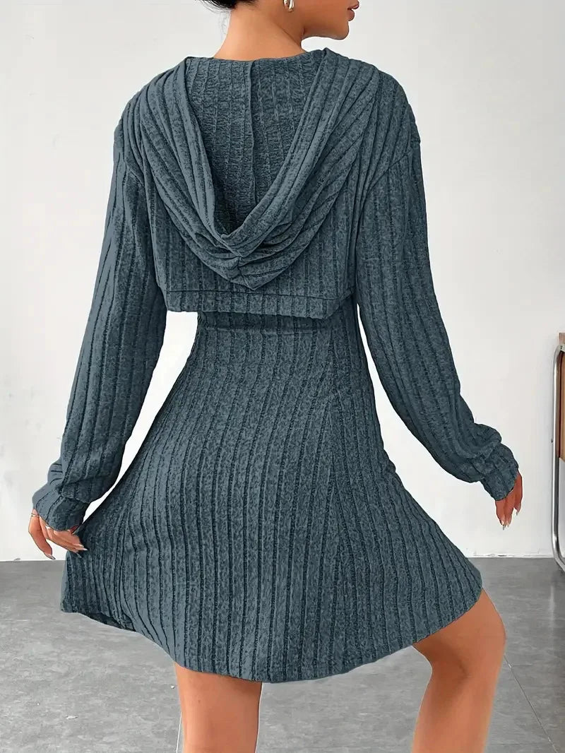 Woman Clothing Set Long Sleeved Hooded Top And Sleeveless Square Neck A-line Vest Dress