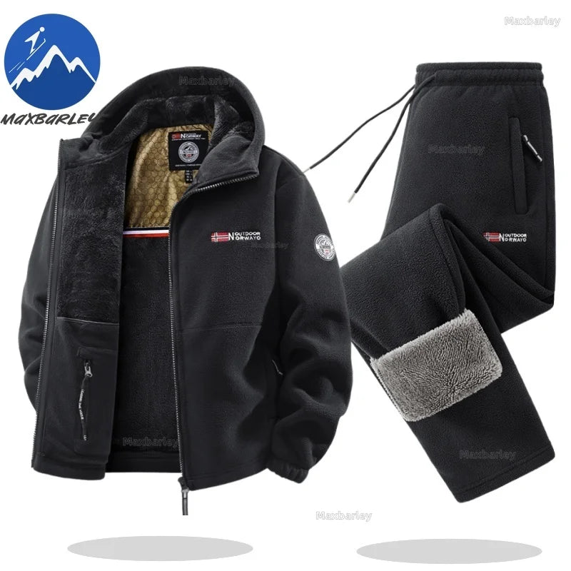 Maxbarley Winter Sportswear Set Mens Retro Training Thick Fleece Jacket + Pants Two Piece Set Casual Ski Running Tracksuit Suit