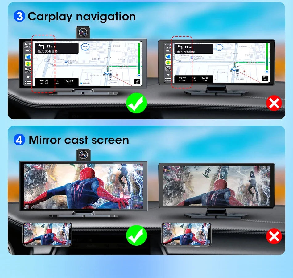 Srnubi Universal 11.26” Car DVR Wireless Carplay Android Auto 4K Front 1080P Rear Camera Dashcam GPS Navi Dashboard 24H Parking