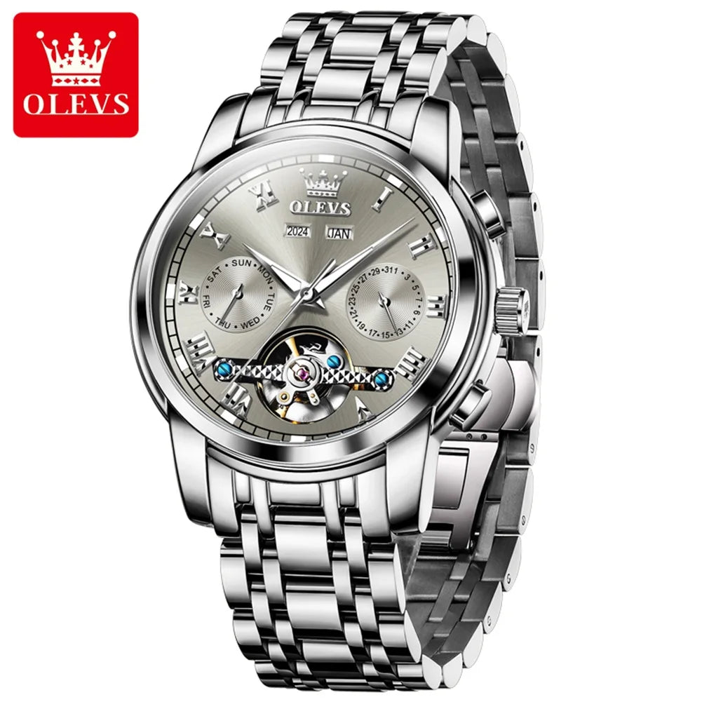 OLEVS 6607 Fully Automaitc Watches Stainless Steel Skeleton Flywheel Dual Calendar Top Luxury Brand Men's Mechanical Wristwatch