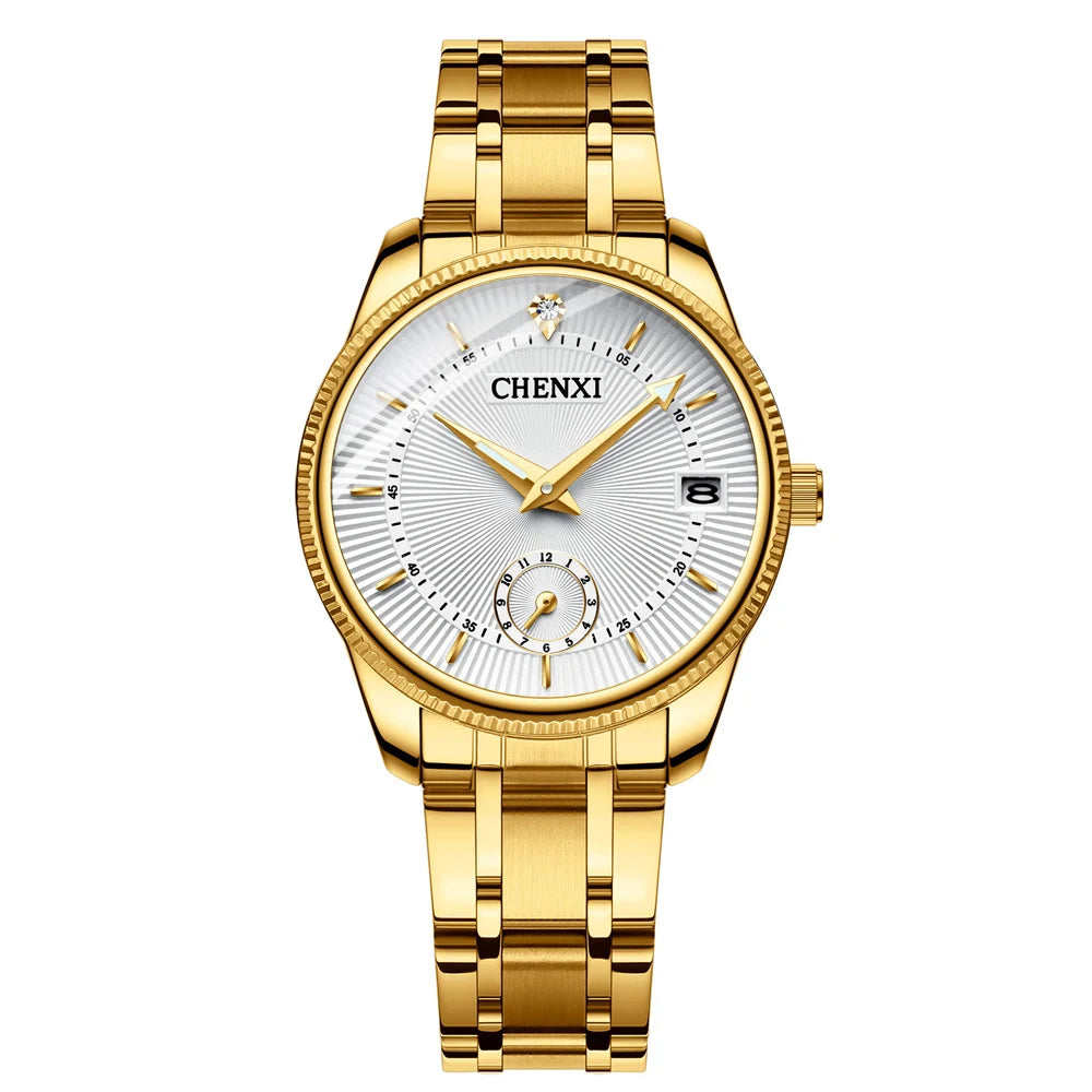CHENXI Luxury Brand Casual Couple Watch Golden Stainless Steel Quartz Watch for Men's and Women's Waterproof Luminous Wristwatch