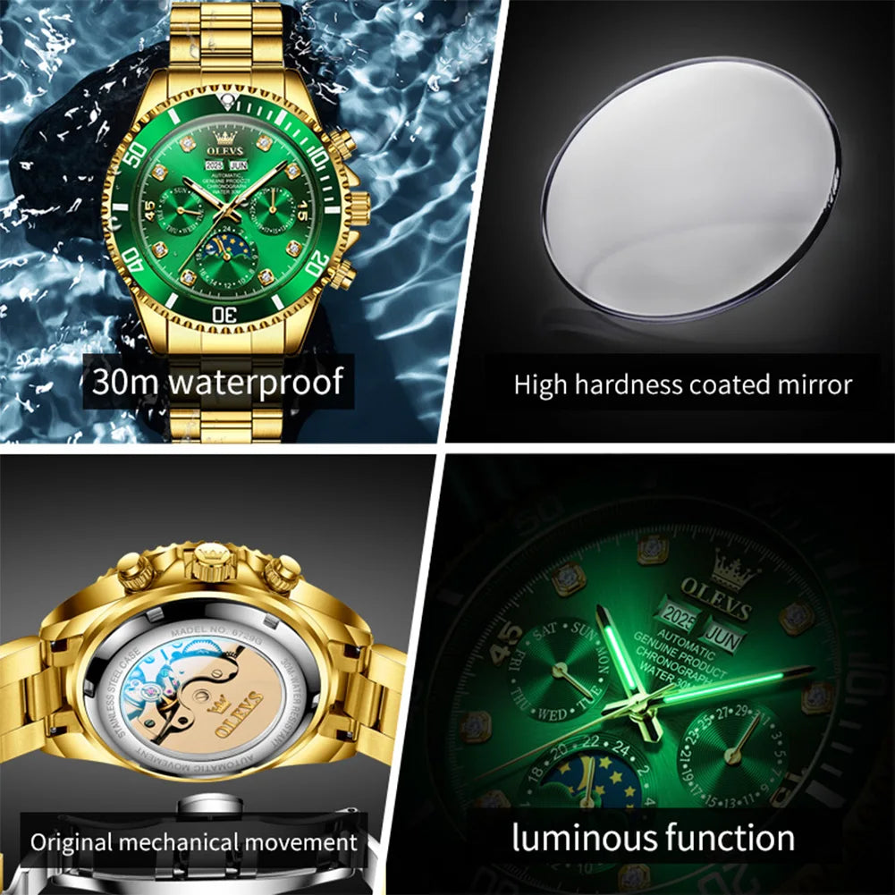 OLEVS 6729 Automatic Watch Man 24 Hour Moon Phase Mechanical Watch For Men Luxury 30M Waterproof Luminous Date Men's Wristwatch