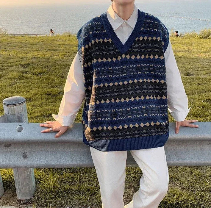 Men's Clothing Plaid Sleeveless Blue Knit Sweater Male Graphic Waistcoat Vest Casual Korean Style Baggy Fashion Stylish Hot A