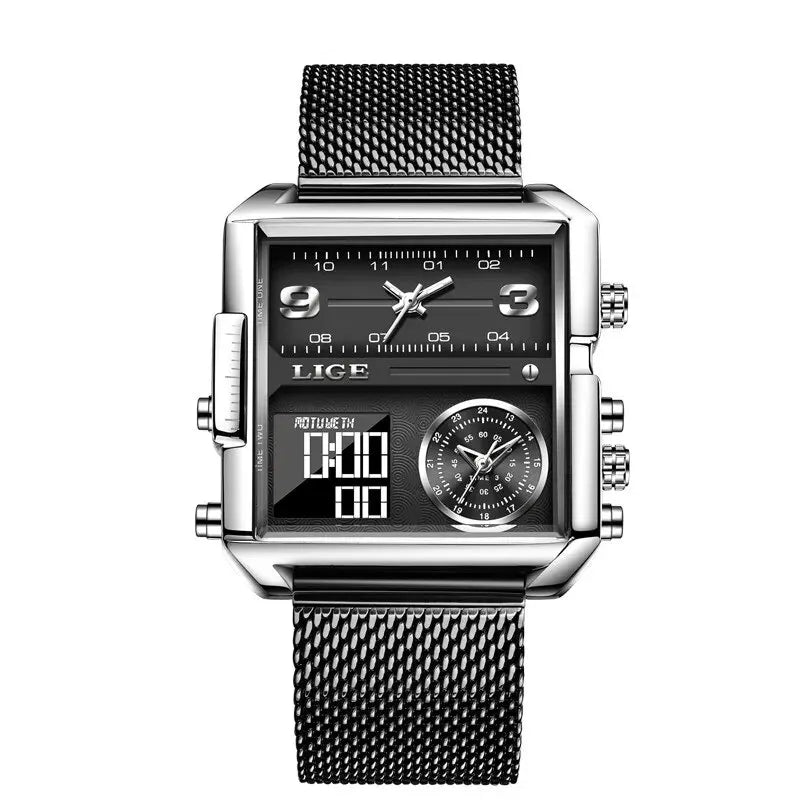 LIGE Luxury Original Men Sports Wrist Watch Gold Quartz Steel Waterproof Dual Display Clock Watches For Men Relogio Masculino