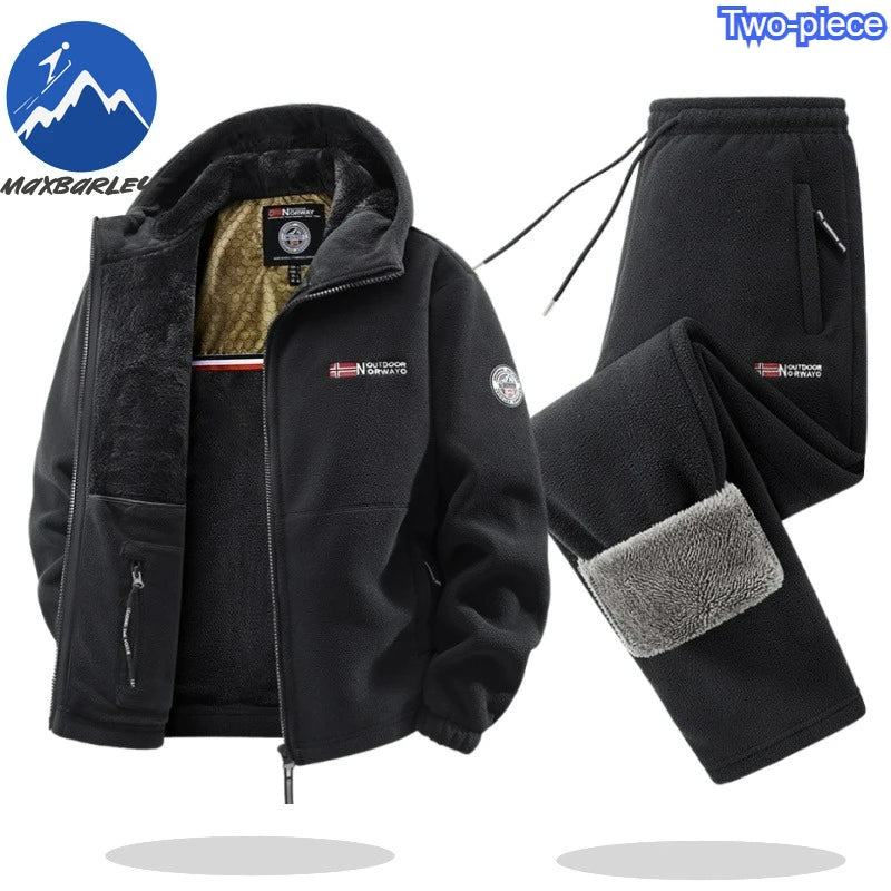 Maxbarley Winter Sportswear Set Mens Retro Training Thick Fleece Jacket + Pants Two Piece Set Casual Ski Running Tracksuit Suit