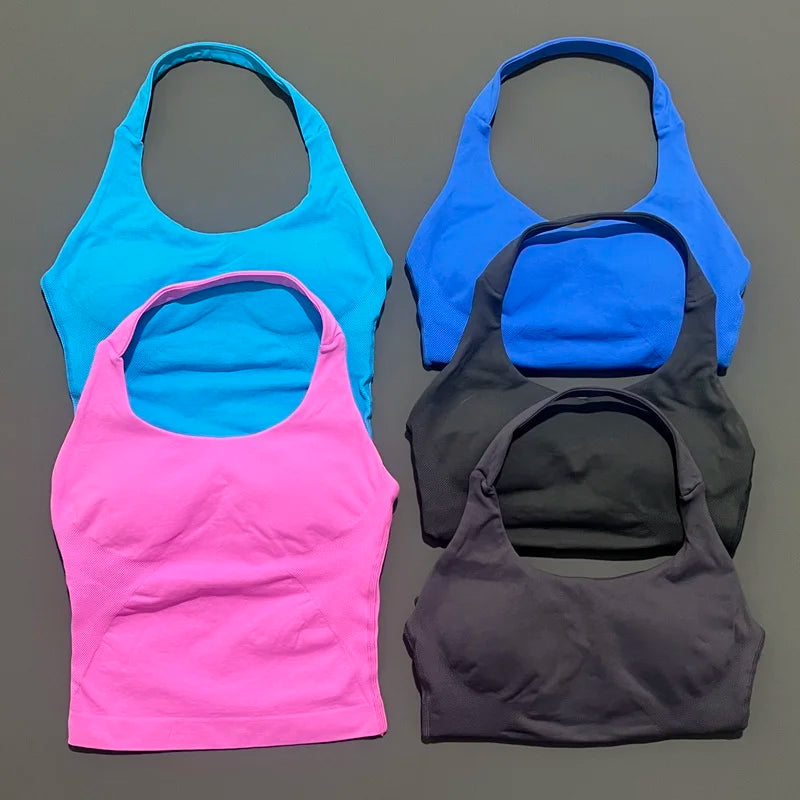 HISTELLO Impact Halter Top Seamless Longline Strappy Gym Top Women Built-in Bra Removable Cups Activewear Yoga Tank Tops