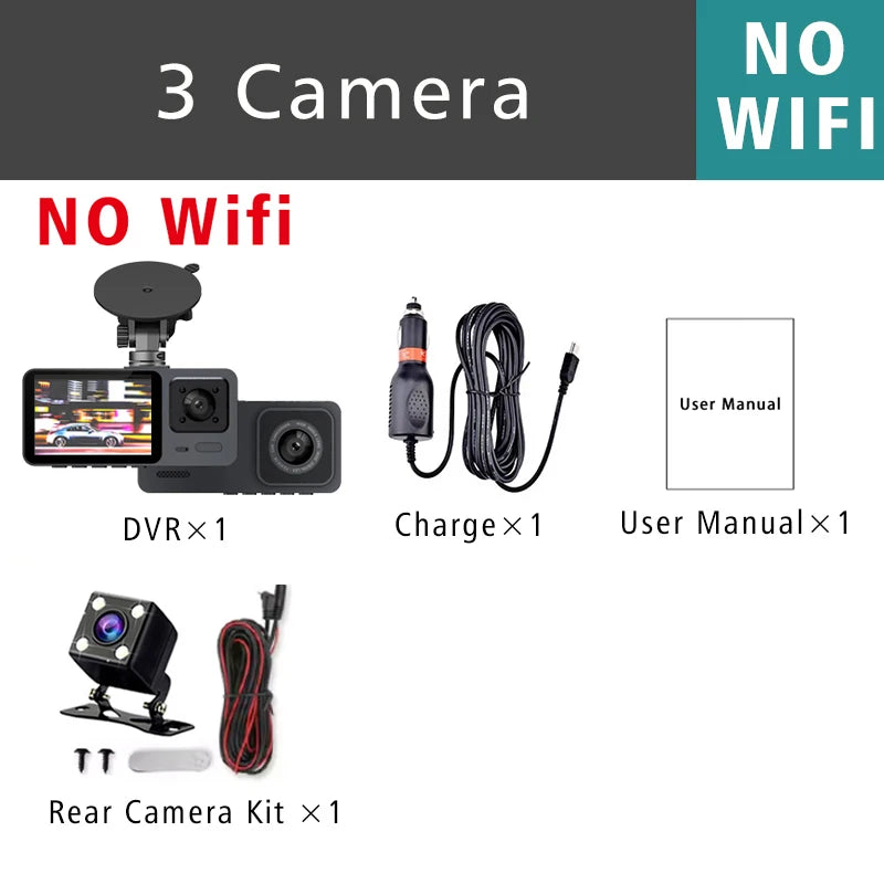 Wifi 3 Camera Car Dvr 3 Channel Dash Cam FHD 1080P Dash Camera Interior Dashcam Video Recorder Black Box 24H Parking Monitoring