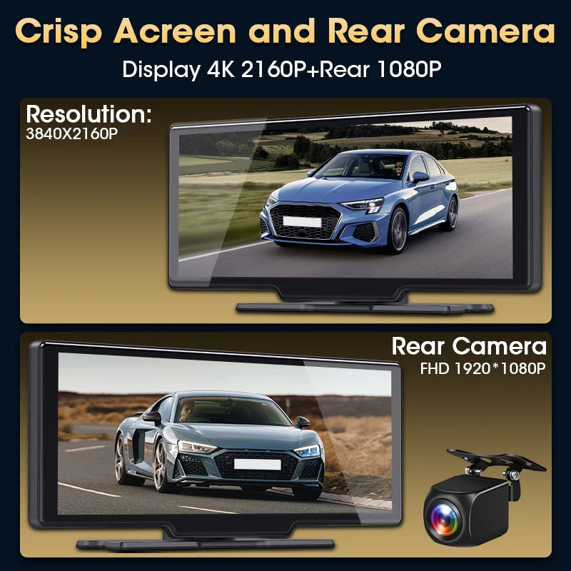 Srnubi 10.26" Dash Cam Rearview Wireless Carplay & Android Aut 4K DVR Navigation Player Dual Len Recorder Dashboard  WIFI 5.0BT