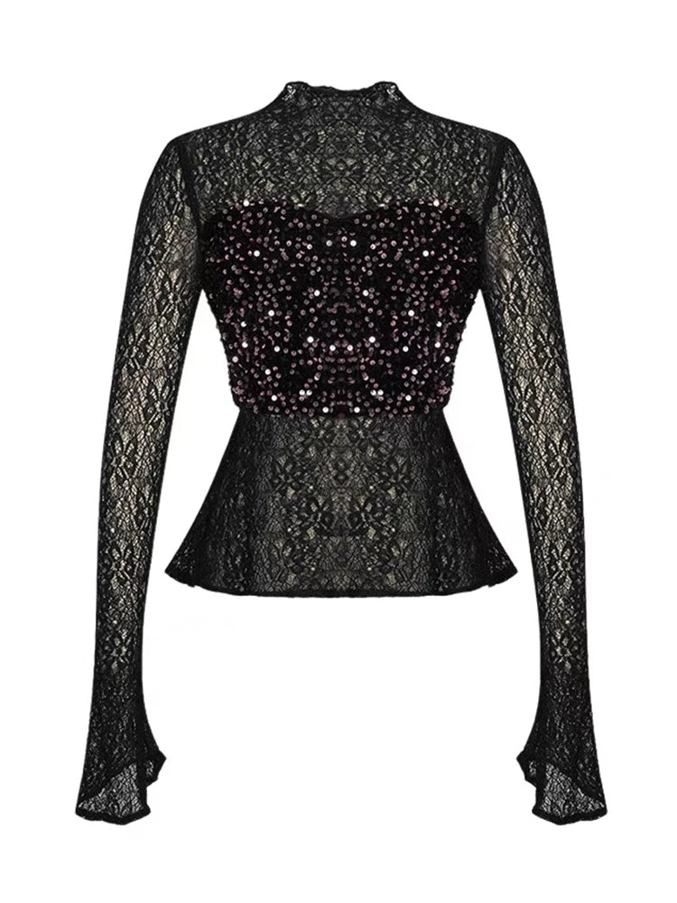 Women's Clothing Chic Black Lace Sexy T-Shirt Ladies Elegant Perspective Short Blouses Sequin Tops Bottom Pullover Jumper Party