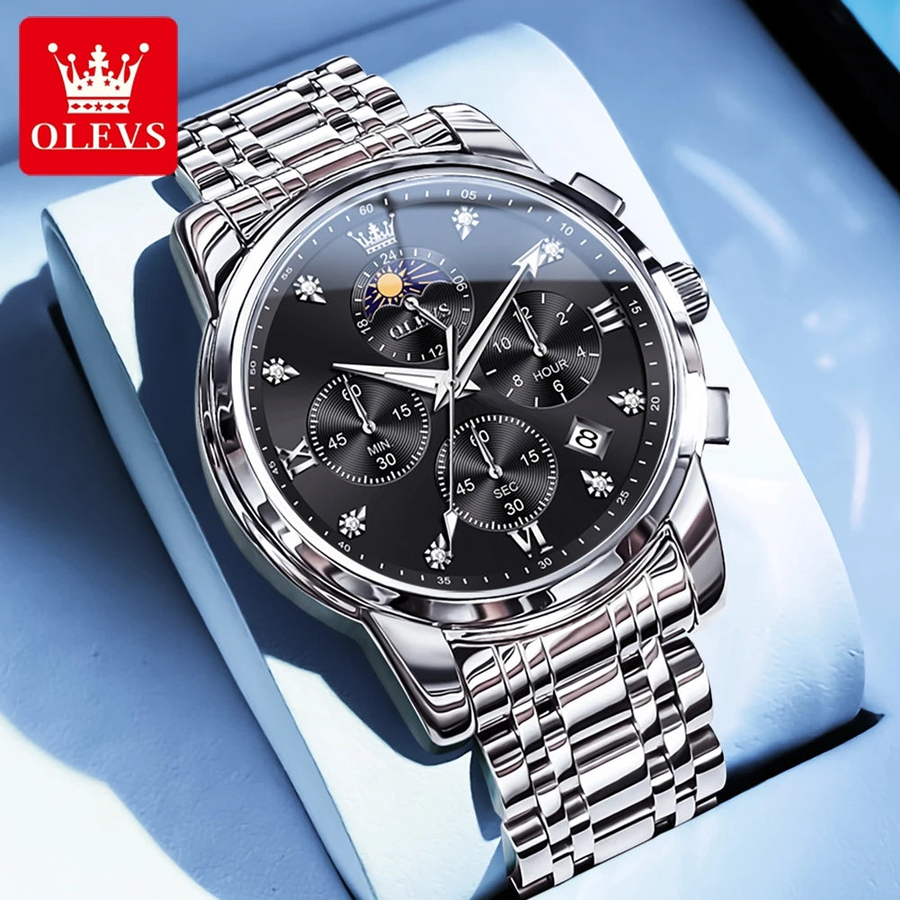 OLEVS 3655 Moon Phase Classic Three Eye Dial Men's Watch Stainless Steel Watch for Male Butterfly Buckle Waterproof Quartz watch