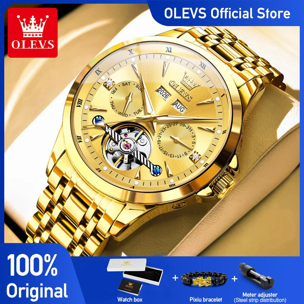 OLEVS 7091 Mens Watch Original Flywheel Automatic Mechanical Watch For Man Perpetual Calendar Waterproof Luminous Luxury Reloj