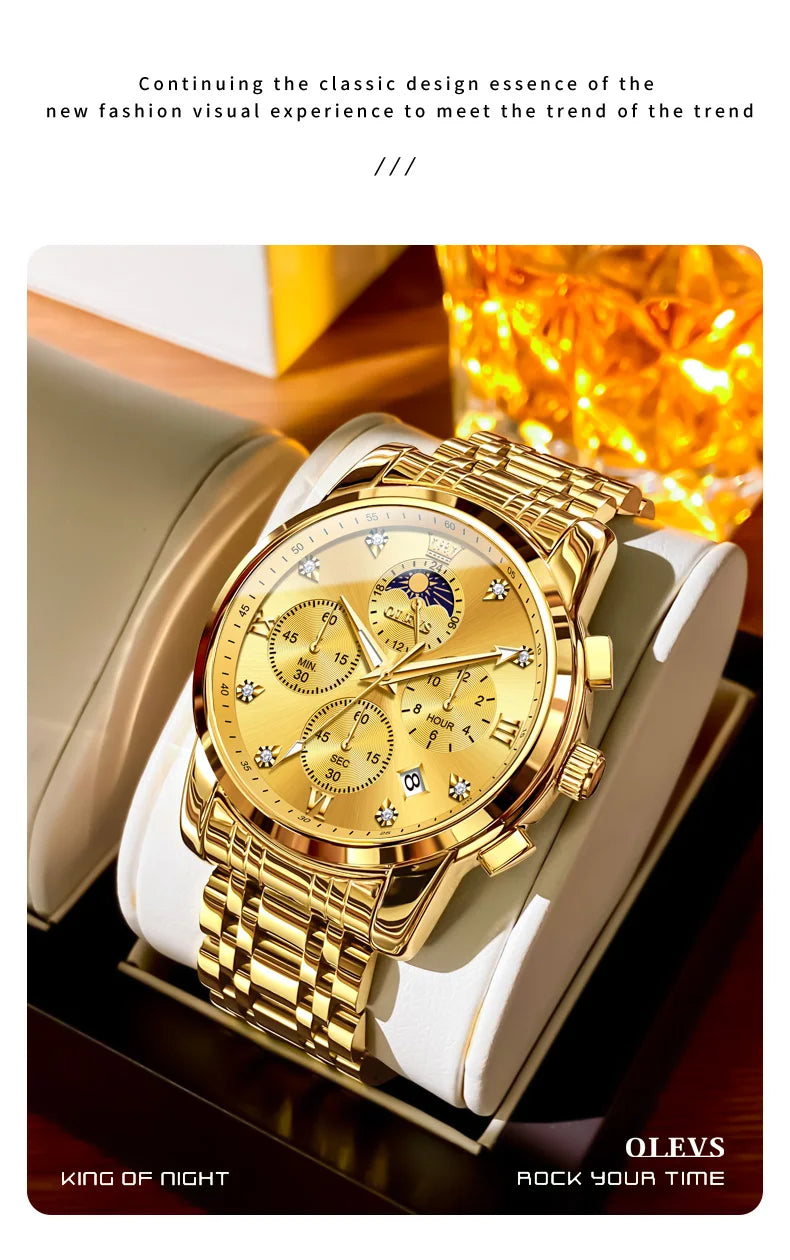 OLEVS 3655 Moon Phase Classic Three Eye Dial Men's Watch Stainless Steel Watch for Male Butterfly Buckle Waterproof Quartz watch
