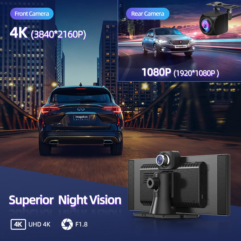 Imagebon H70K 11.4" 4K Dashcam Wireless CarPlay & Android Auto Dual Recording WiFi GPS Navigation AI Voice Night Vision Car DVR