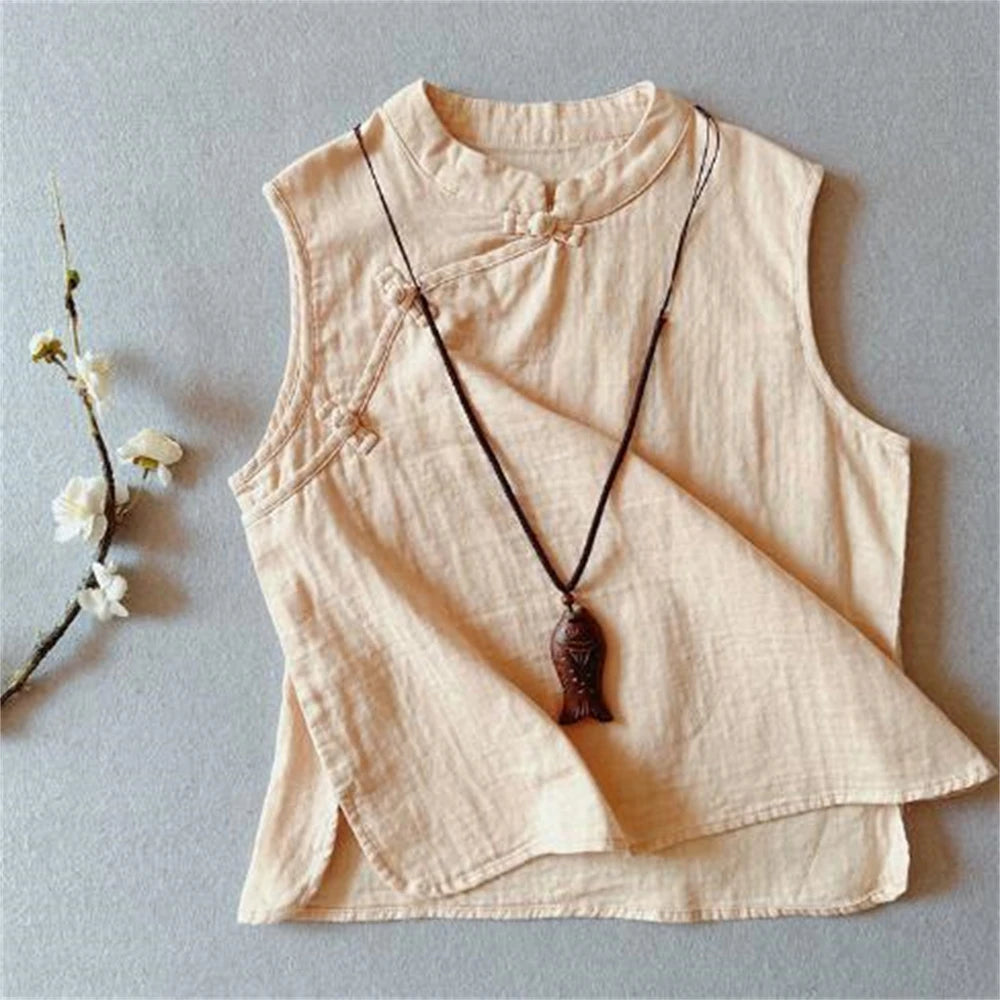 Chinese Traditional Clothing for Women Hanfu Vest Linen Cotton Sleeveless Top Tang Suit Kimono Cardigan Female Slit Top