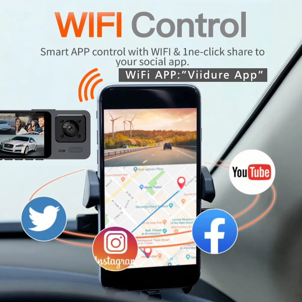 Wifi 3 Camera Car Dvr 3 Channel Dash Cam FHD 1080P Dash Camera Interior Dashcam Video Recorder Black Box 24H Parking Monitoring