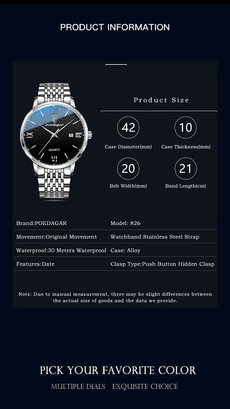 POEDAGAR Luxury Sports Men's Wristwatch Stainless Steel Waterproof Date Man Watch High Quality Casual Fashion Quartz Men Watches