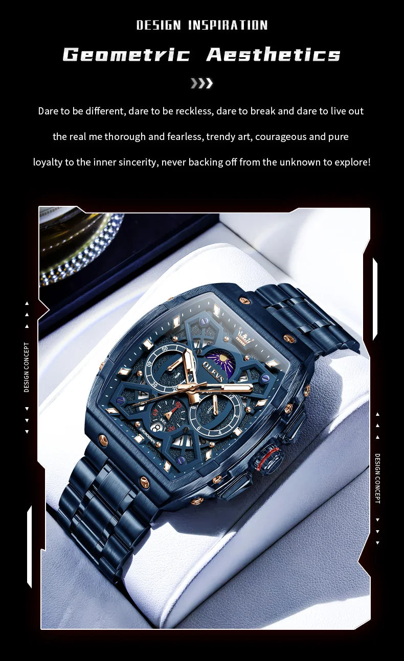 OLEVS 2942 New Mens Watch Original Tonneau Quartz Watch Waterproof Luminous Stainless Steel Watches For Men Gifts Box