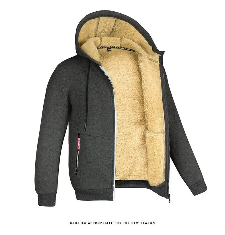 Men's Winter Warm Hoodies Sweatshirts Thickened Lamb Fleece Lining Hooded Jackets Windproof Zip Casual Hooded Sportwear for Men