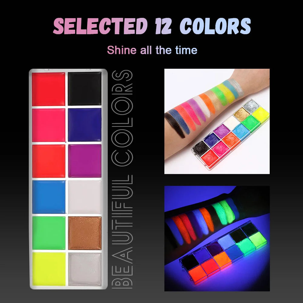 12-Color UV Glow Face and Body Paint Makeup Palette Set - Vibrant, Waterproof, Long-Lasting Halloween, Cosplay and Costume Makeu