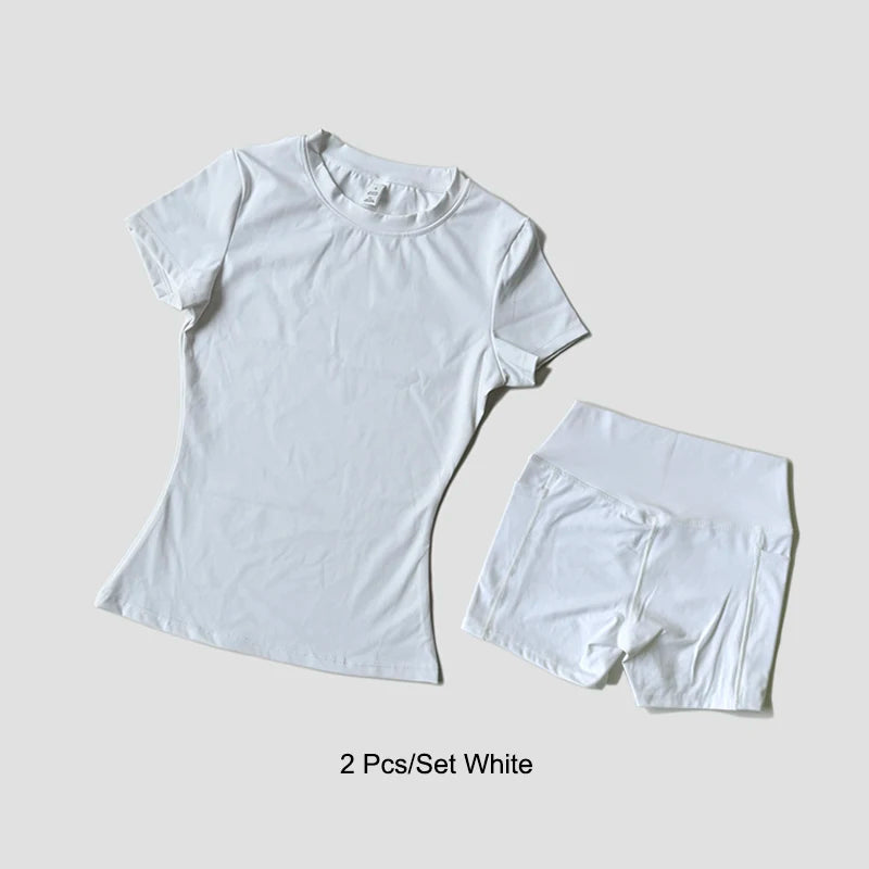 Sports Sets Fitness Hip-lifting Tight Top Short Sleeve Running Workout Gym Shorts Tracksuits For Women Breathable Sports Suits