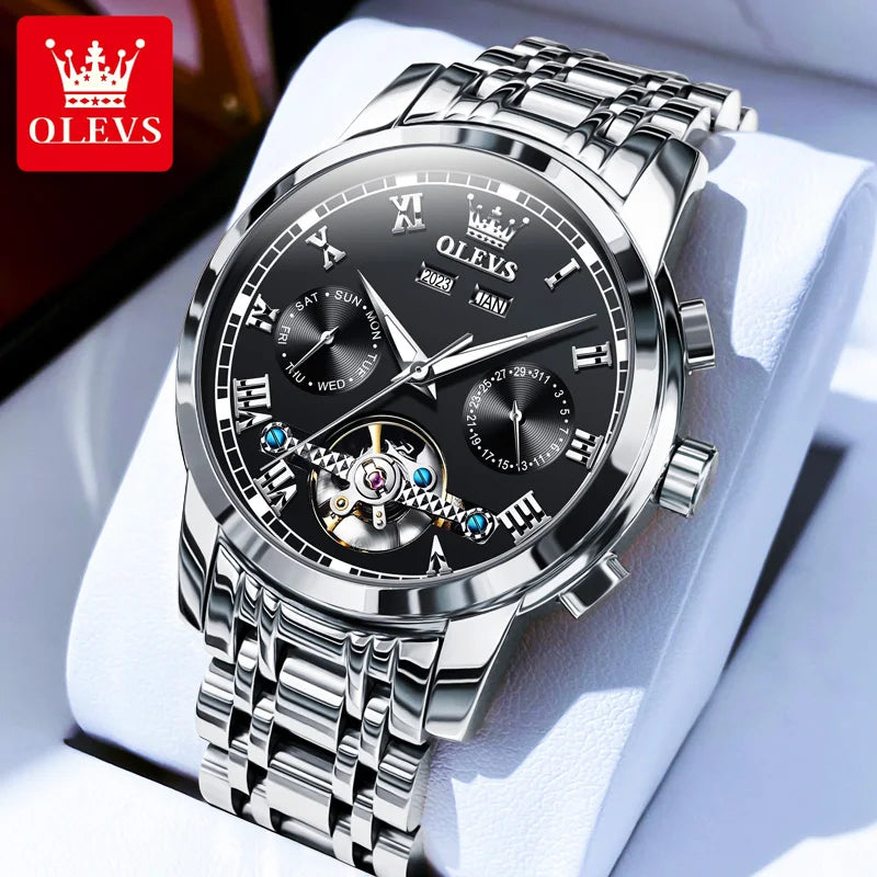OLEVS 6607 Fully Automaitc Watches Stainless Steel Skeleton Flywheel Dual Calendar Top Luxury Brand Men's Mechanical Wristwatch