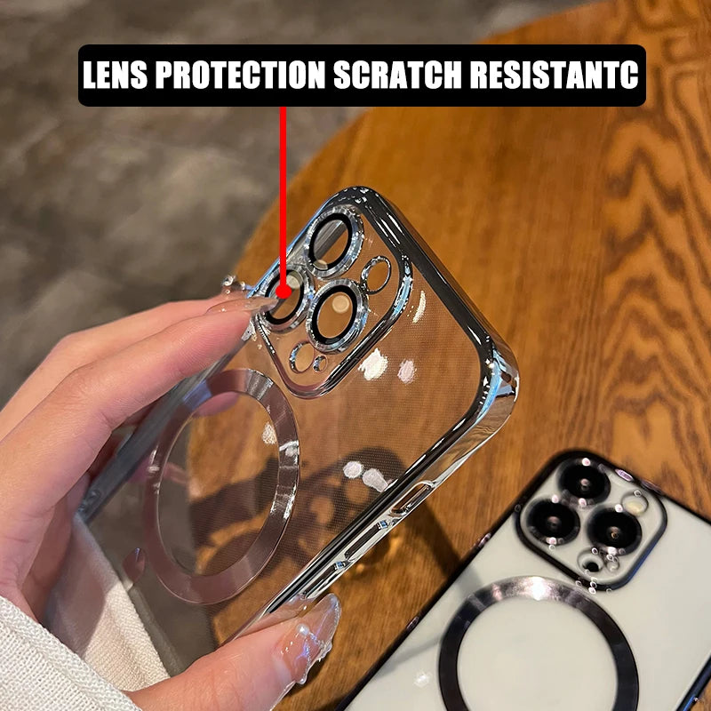 Plating Soft TPU Full Lens Protect Case for iPhone 13 14 12 11 15 Pro Max Plus Magsafe Magnetic Phone Case Wireless Charge Cover