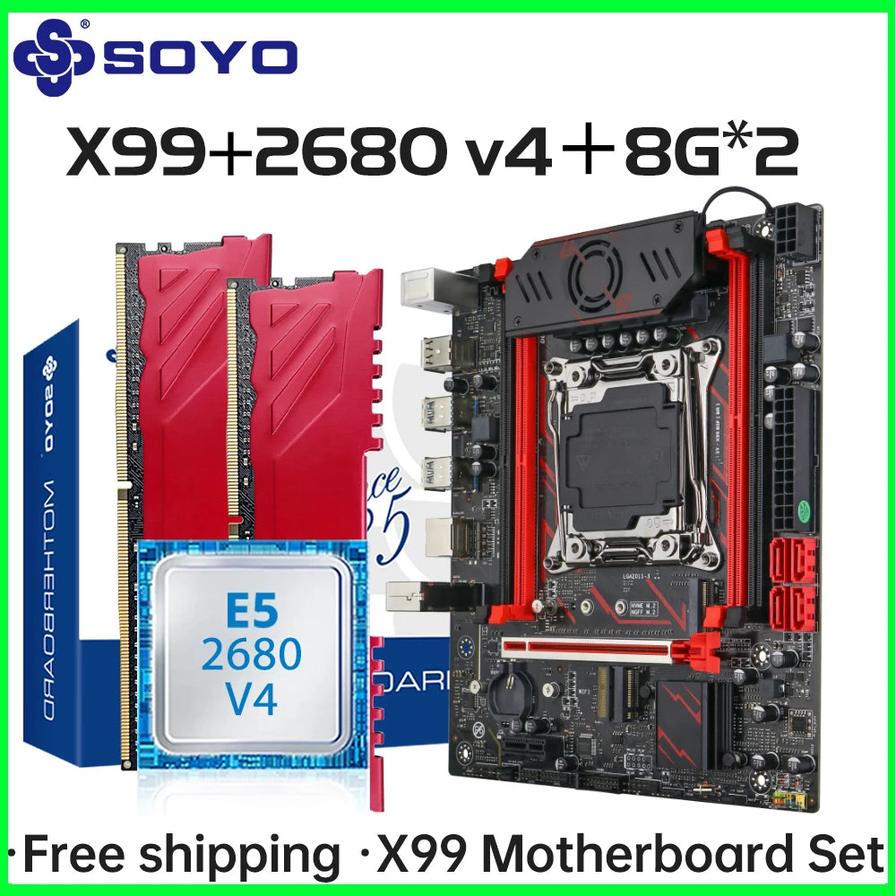 SOYO X99 C612chip Gaming Motherboard Set with Intel Xeon E5 2680 V4 CPU& DDR4 ECC8G*2 2133MHz RAM M.2 NVME for Desktop PC