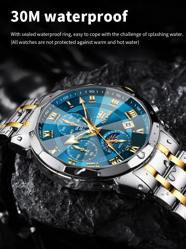 OLEVS 3675 Mens Watch Original Multifunctional Chronograph Quartz Watch Moon Phase Watches For Men Waterproof Mens Gifts Reloj