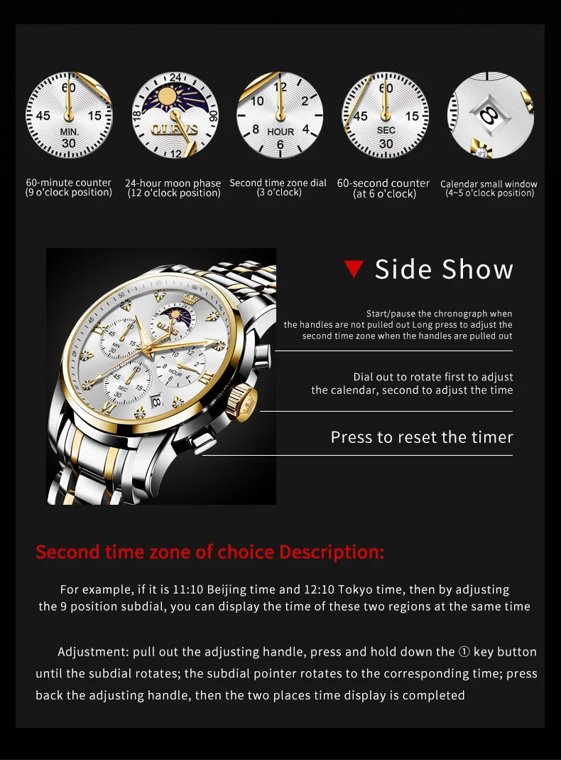 OLEVS 3655 Moon Phase Classic Three Eye Dial Men's Watch Stainless Steel Watch for Male Butterfly Buckle Waterproof Quartz watch