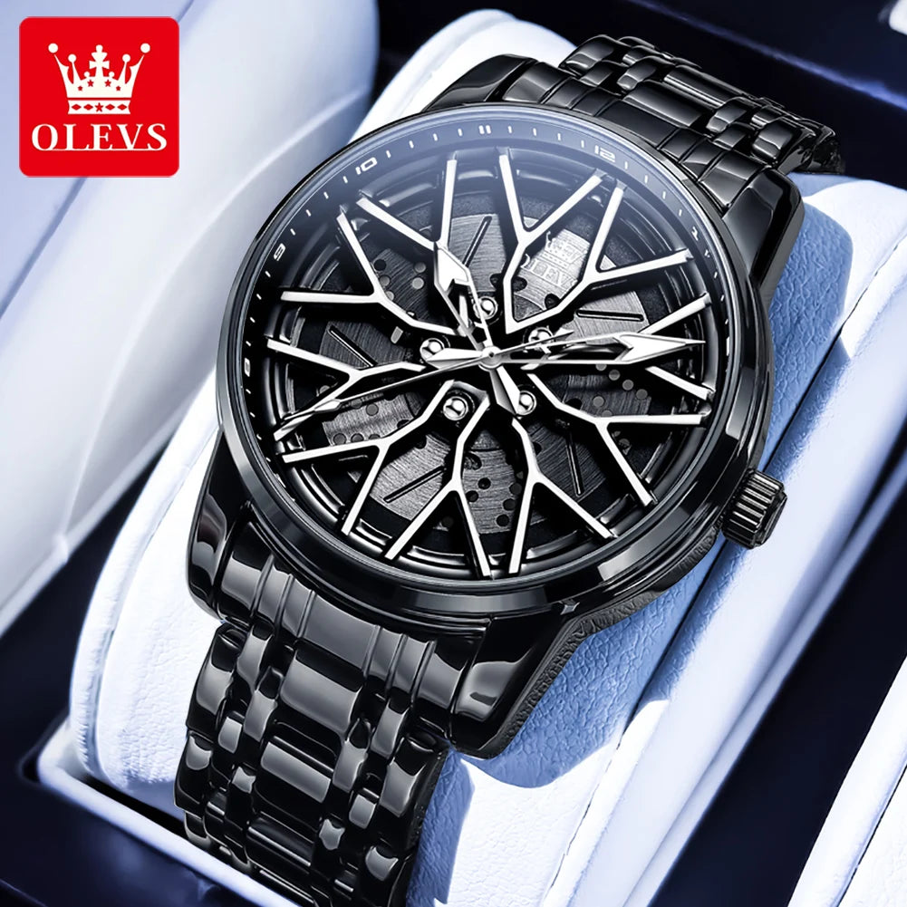 OLEVS 3701 Mens Watch Rotatable Wheel Hub Dial Fashion Quartz Watch Waterproof Luminous Stainless Steel Watches For Man Original