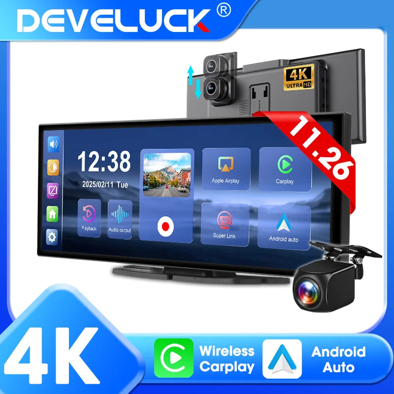 Develuck NEW 11.26 inch 4K DVR Wireless CarPlay and Android Auto Portable Dash Cam Car Screen Video Recorder 5G WIFI Navigation