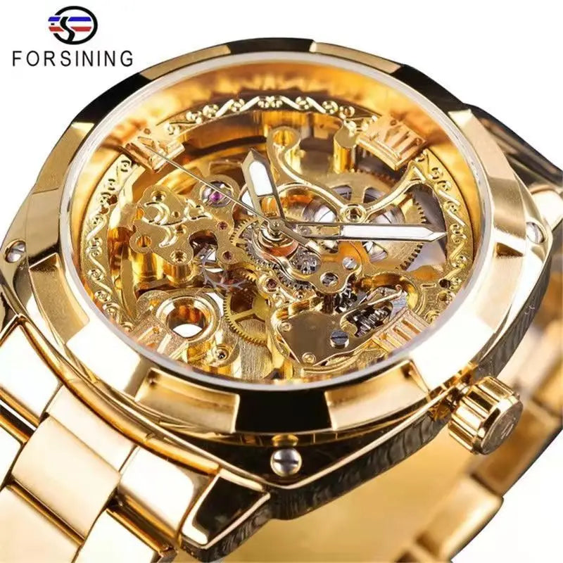 Forsining Square Gold Skeleton Automatic Men Watch Engraved Movement Luminous Hands Mechanical Watches Luxury Stainless Steel