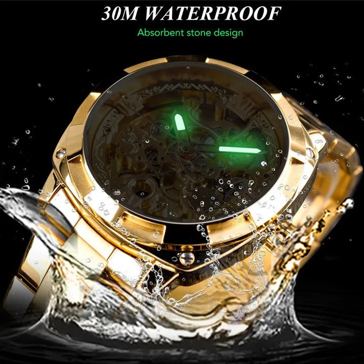 Forsining Square Gold Skeleton Automatic Men Watch Engraved Movement Luminous Hands Mechanical Watches Luxury Stainless Steel