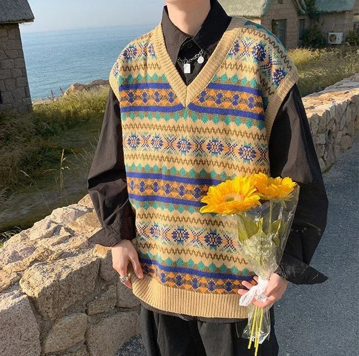 Men's Clothing Plaid Sleeveless Blue Knit Sweater Male Graphic Waistcoat Vest Casual Korean Style Baggy Fashion Stylish Hot A