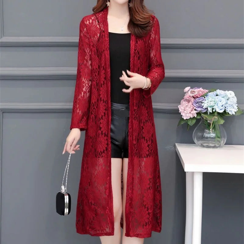 Women Lace Cardigan Mid-length Summer Mesh Shawl Loose Over-the-knee Sun Protection Clothing Women Jacket Shirt Outerwear