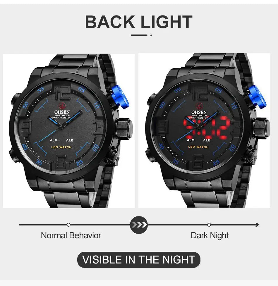 Fashion Sport Watch Men Digital Quartz LED Steel Strap Man Dual Time Watch 3ATM Waterproof Military Wristwatches Relogios