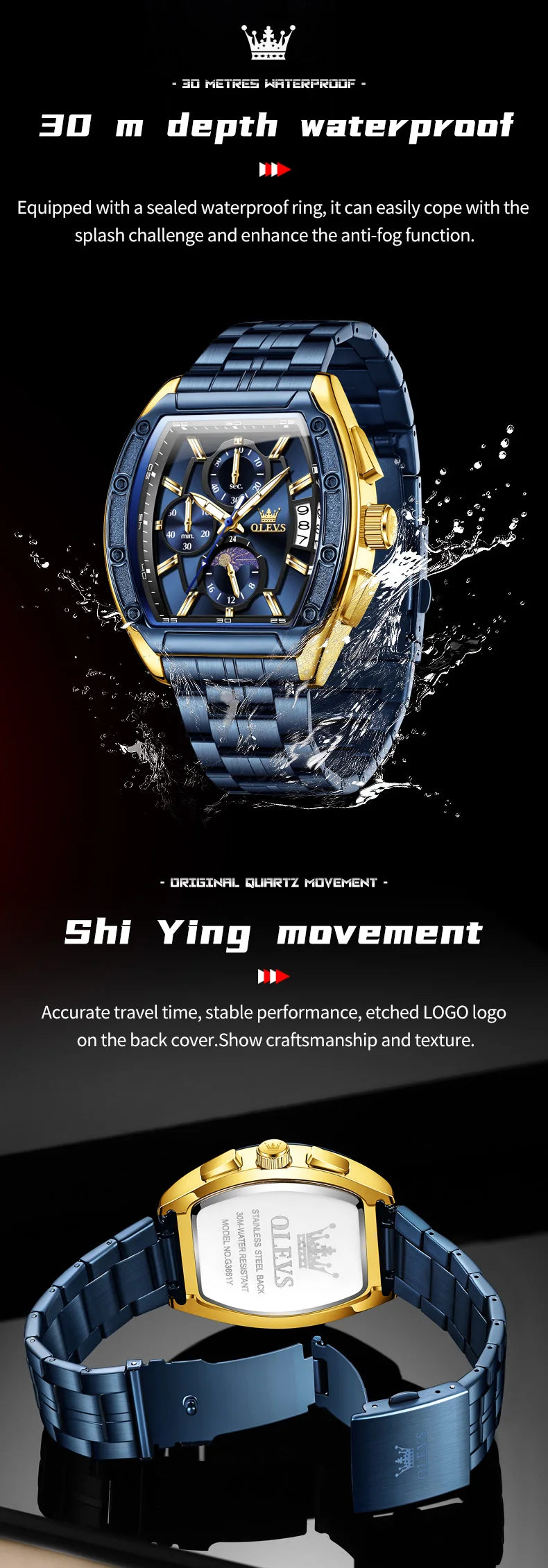 OLEVS Watch New 3661 Mens Watch Luxury Quartz Watch Waterproof Luminous Stainless Steel Moon Phase Sport Tonneau Watches For Men