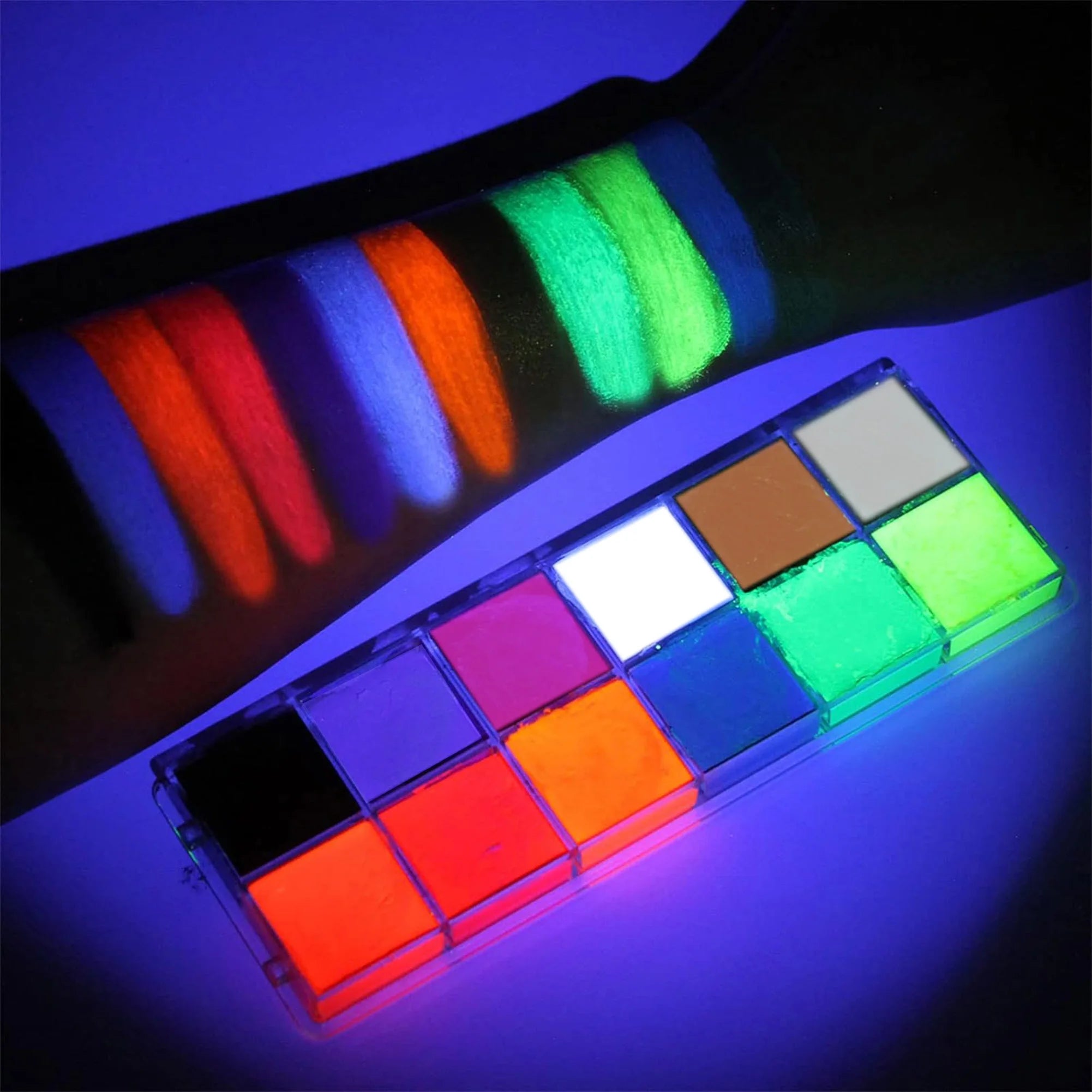 12-Color UV Glow Face and Body Paint Makeup Palette Set - Vibrant, Waterproof, Long-Lasting Halloween, Cosplay and Costume Makeu