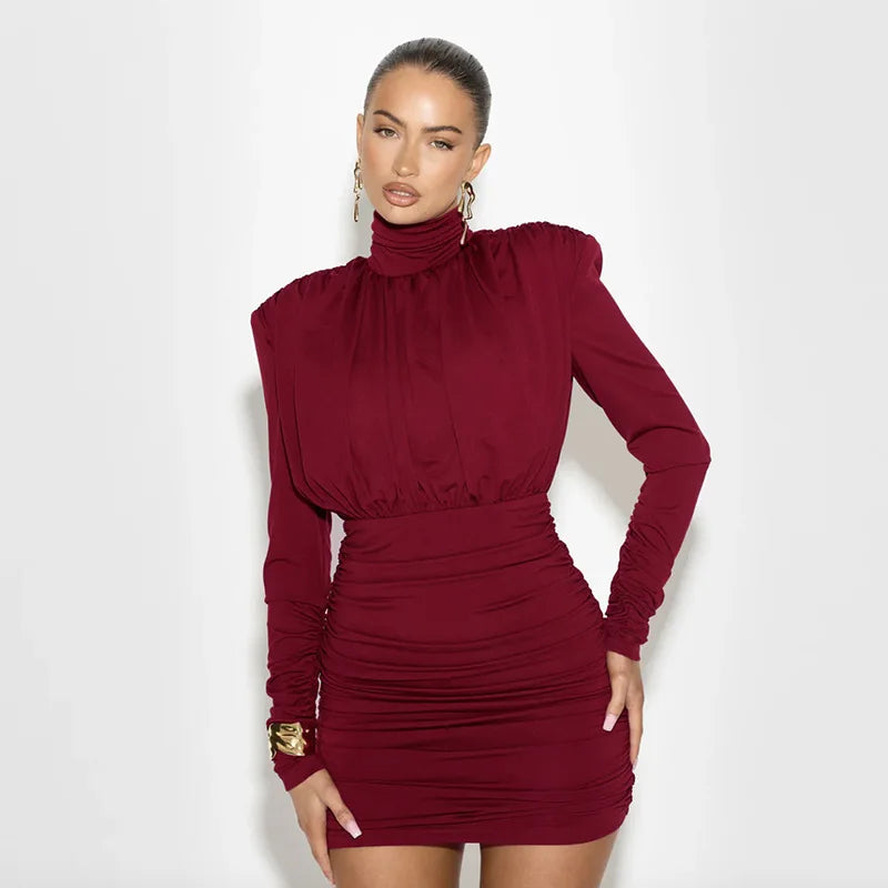 Women's Clothing 2025 Autumn And Winter New Fashion Temperament High Neck Pleated Waist Slim Hip Wrap Long Sleeve Dress Women
