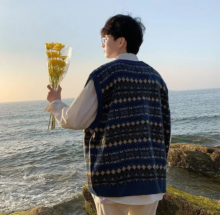 Men's Clothing Plaid Sleeveless Blue Knit Sweater Male Graphic Waistcoat Vest Casual Korean Style Baggy Fashion Stylish Hot A