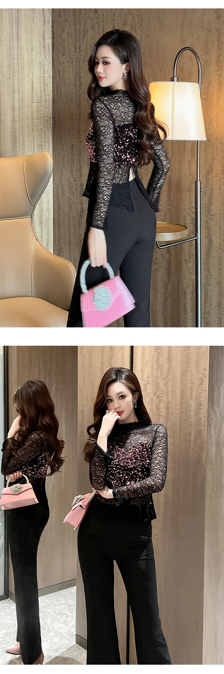 Women's Clothing Chic Black Lace Sexy T-Shirt Ladies Elegant Perspective Short Blouses Sequin Tops Bottom Pullover Jumper Party