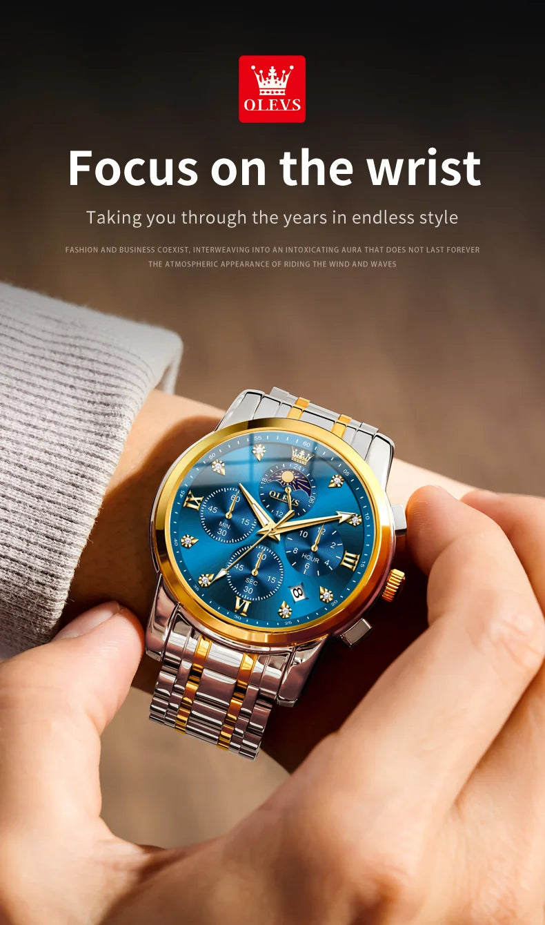 OLEVS 3655 Moon Phase Classic Three Eye Dial Men's Watch Stainless Steel Watch for Male Butterfly Buckle Waterproof Quartz watch