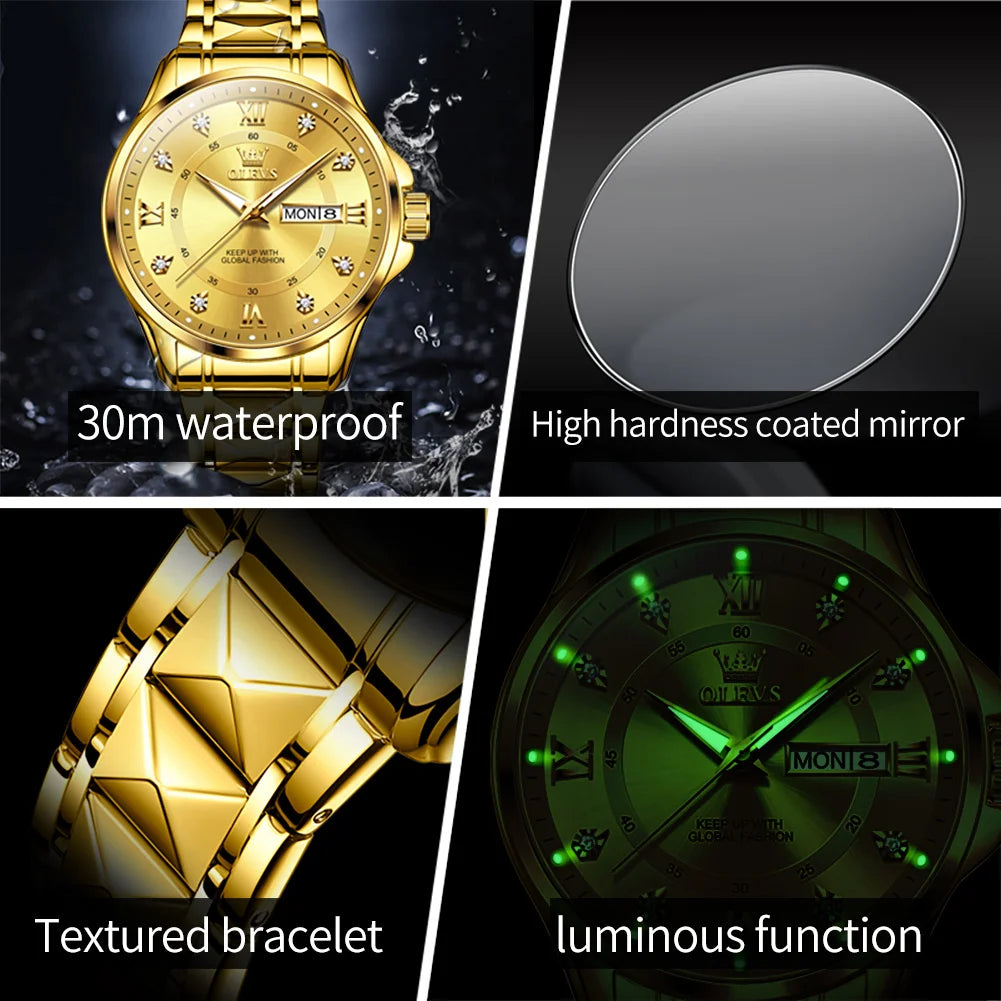 OLEVS Men's Watch No.2906 Fashion Business Original Quartz Watches Rhombus Stainless Steel Waterproof Luminous Week Date Display