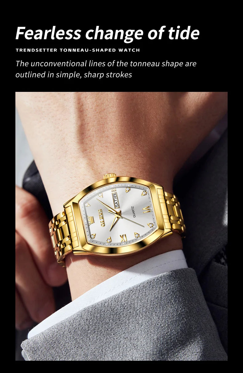 OLEVS Men's Watches Luxury Tonneau Original Top Brand Quartz Watch for Men Waterproof Luminous Week Date Male Wristwatch