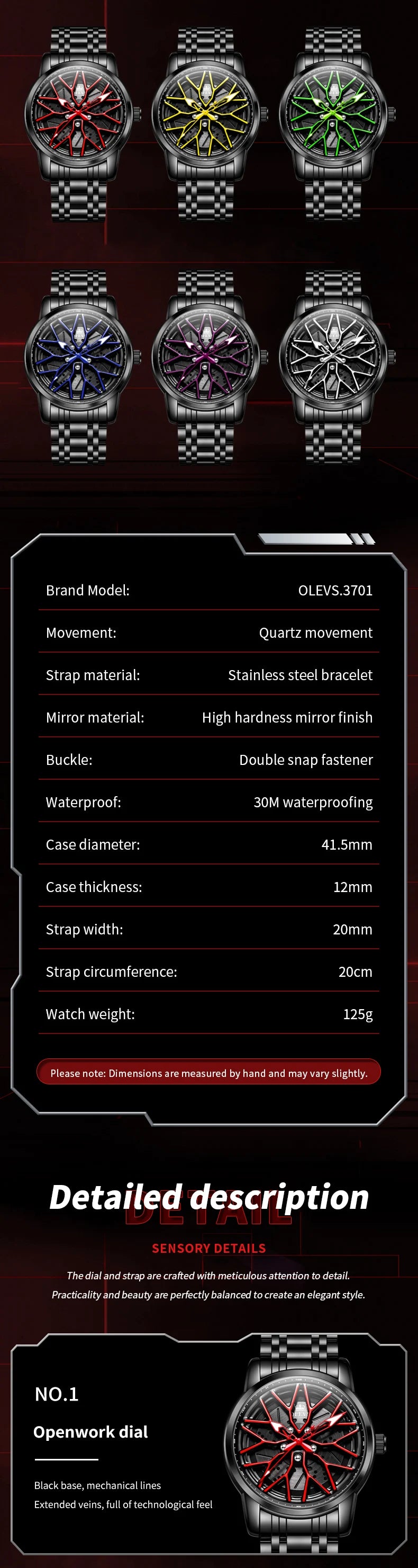 OLEVS 3701 Mens Watch Rotatable Wheel Hub Dial Fashion Quartz Watch Waterproof Luminous Stainless Steel Watches For Man Original